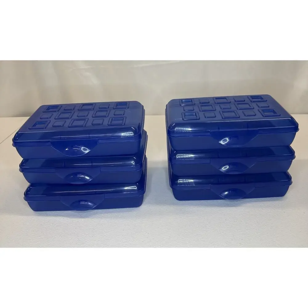 Lot of 6 Sterilite Small Pencil Boxes Blue Plastic Supply Case Snap Lid